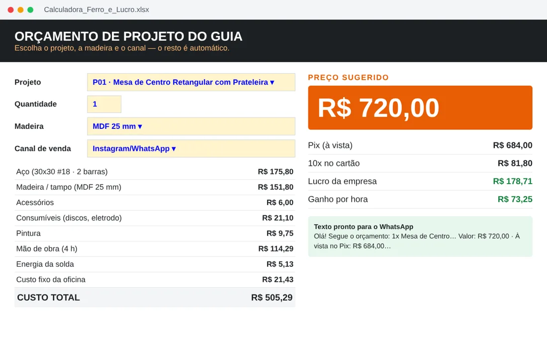 Calculadora mostrando o custo de cada item e o preço sugerido de R$ 720 para a mesa de centro