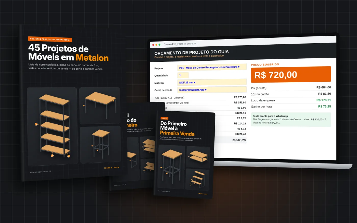 Guia com 45 projetos de móveis em metalon, guias bônus e a calculadora de preço aberta num notebook